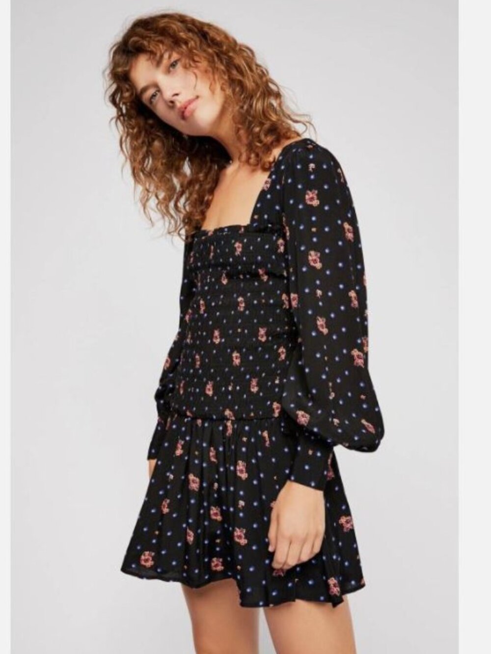 Free People Two Faces Floral Smocked Mini Dress XS Puff Sleeve Cottage Boho
